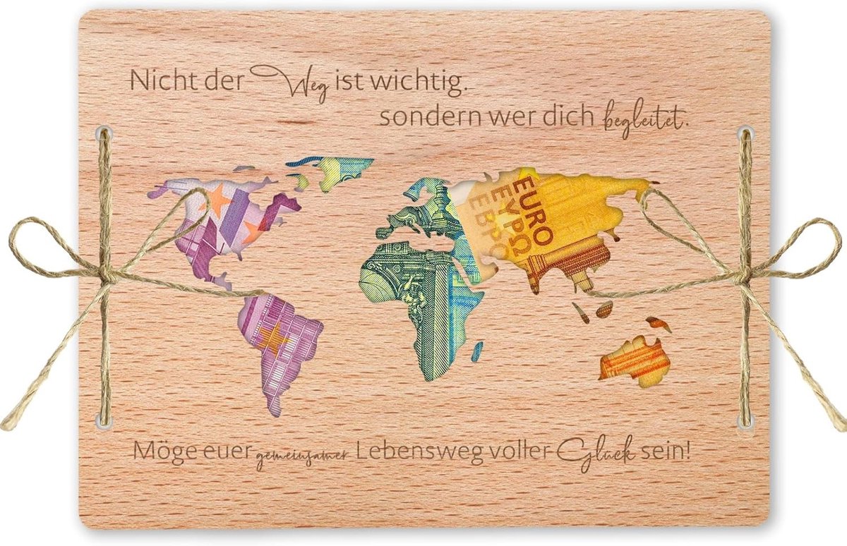 Houten Geldcadeau voor Bruiloft - Uniek Geldgeschenk voor Bruid en Bruidegom - Creatieve Trouwcadeaus met Wereldkaart Thema