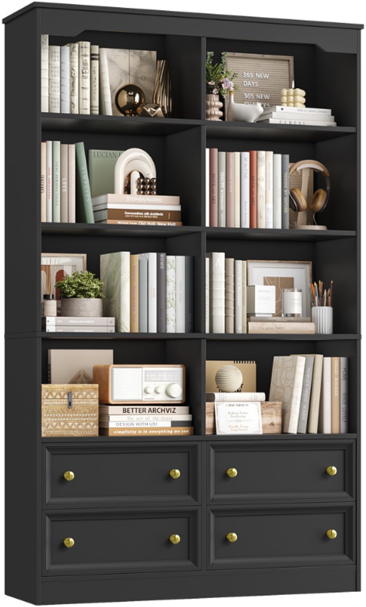 Getone 6-laags Boekenkast – Voor Woonkamer of Kantoor – Met Laden & Open Vakken – Wit Houten Rek 180x100x30cm
