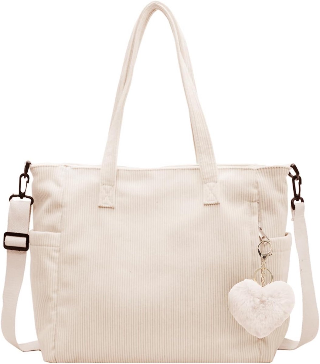 SnelShoppen - Corduroy tas dames, grote tote bag, stoffen schoudertas, handige buideltas voor school, werk, reizen en winkelen, wit, trendy en stijlvo