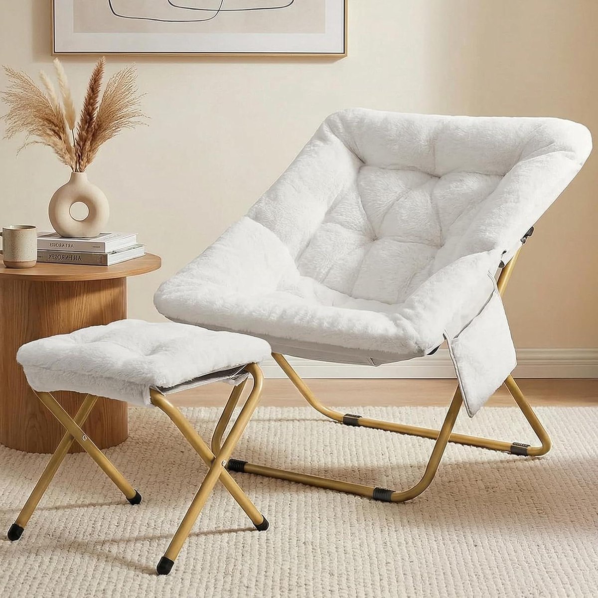 Relaxstoel met kruk - Maanstoel Loungefauteuil - Ontspannen Zitten - Inklapbaar ontwerp - 72 x 76 x 78 cm - Wit