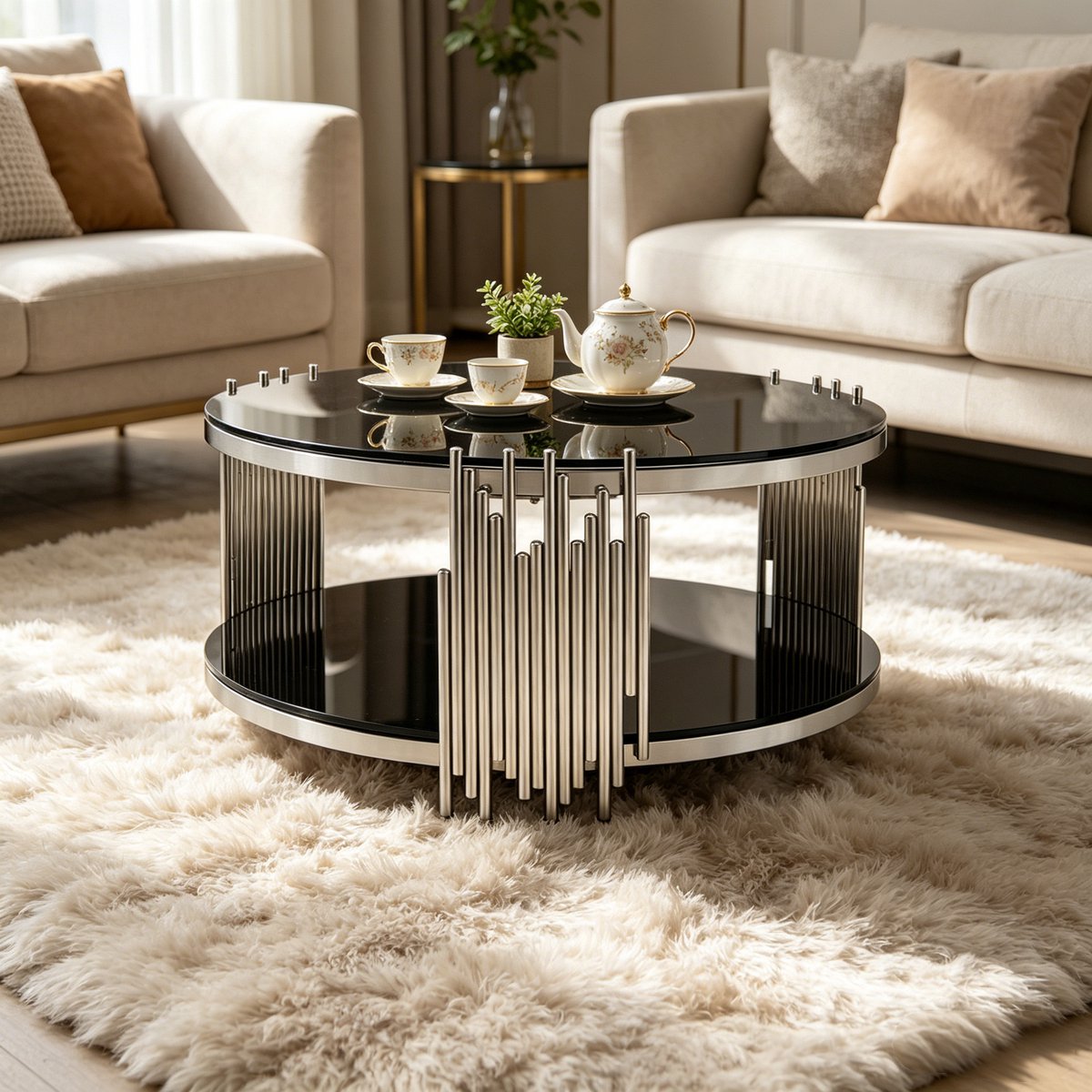 DESMIU Salontafel - Ronde Dubbele Glasbladen Met Opbergruimte - Voor Woonkamer En Kantoor - Gehard Glas En RVS - 80 x 45 cm - Zwart Zilver