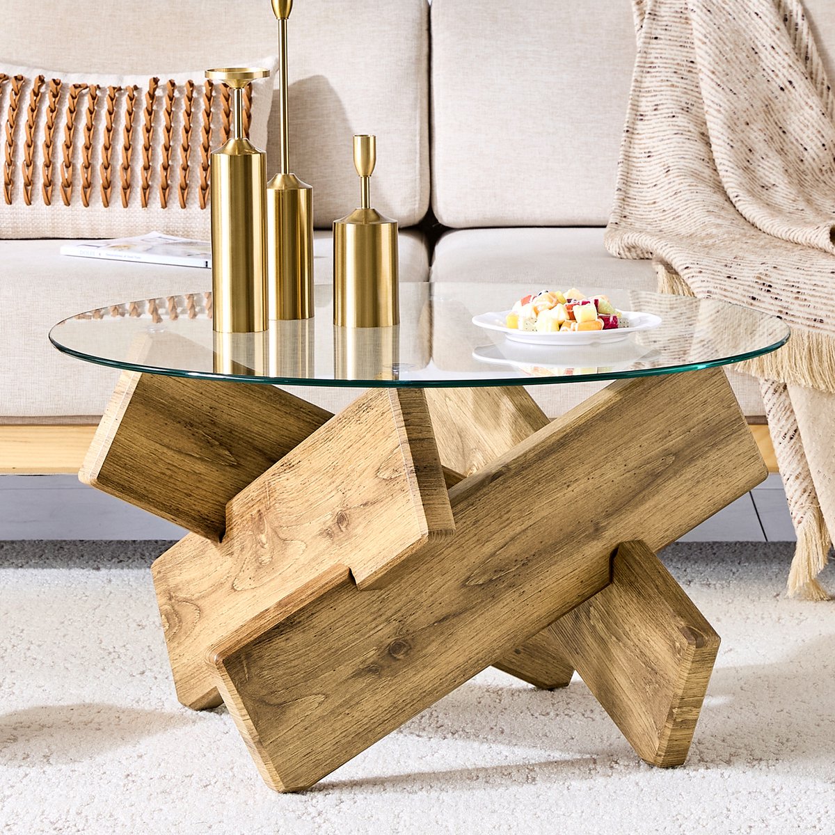 DESMIU Salontafel - Ronde Glazen Tafel Met Kruisframe - Voor Woonkamer En Leeshoek - MDF En Glas - 79 x 45 Cm - Transparant Houtkleur