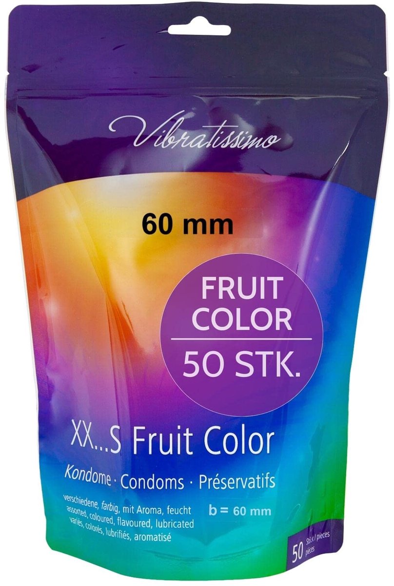 VIBRATISSIMO Condooms Fruit Color 50-pack | Gevoelsecht & Extra vochtig | voor mannen | Hersluitbaar zakje | Gekleurde Flinterdunne | B=60mm