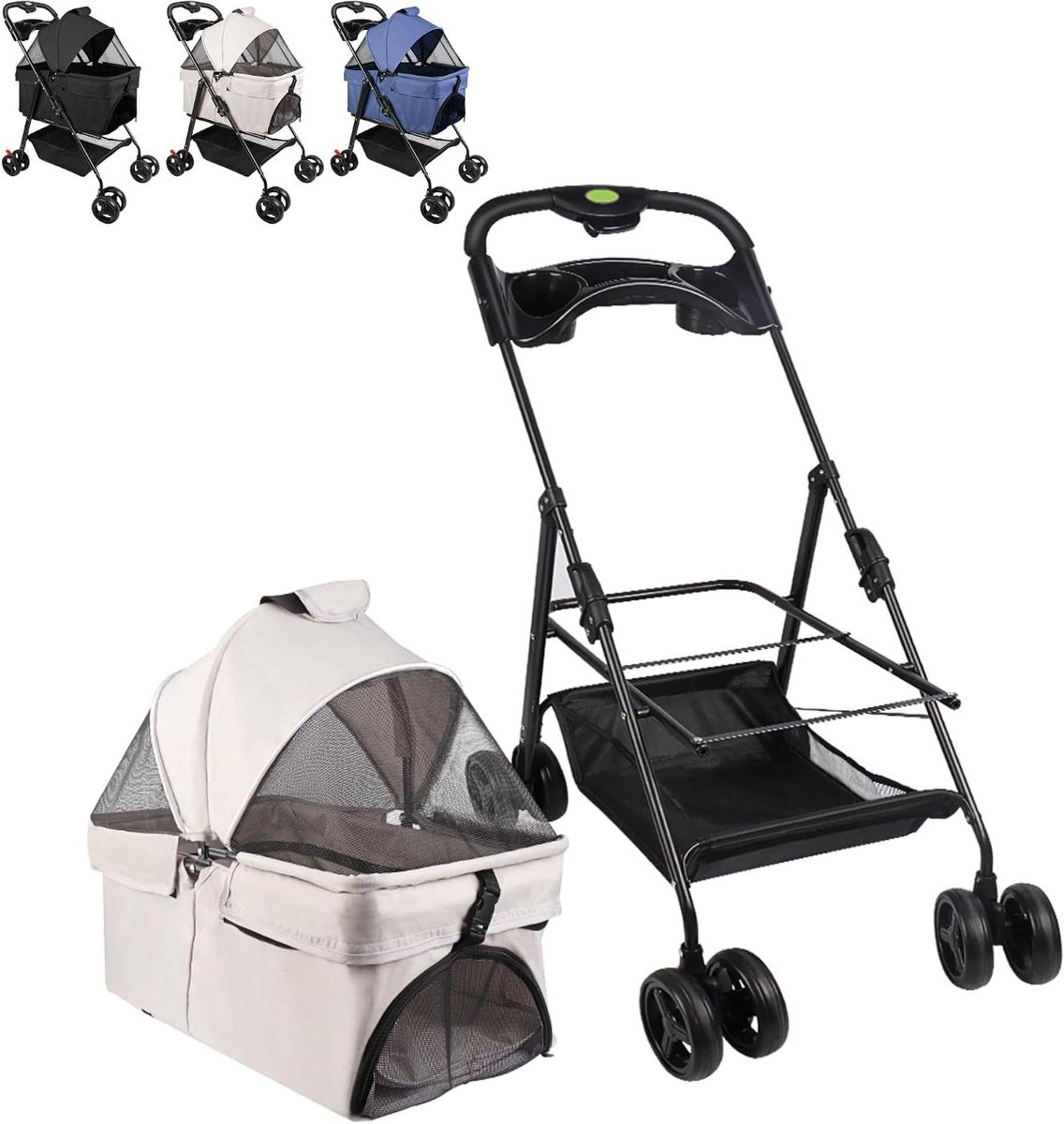 Kinderwagen voor huisdieren - Dierenwagen buggy - Reizen met huisdieren - Afneembare draagtas - Tot 15 kg - Grijs