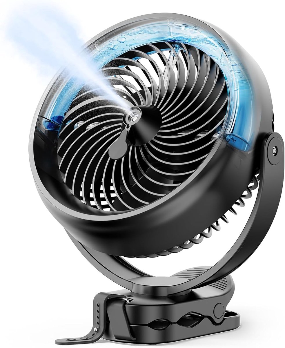 8 Inch Vernevelventilator Met Klem - 10000mAh Accu - Maximaal 48 Uur Looptijd - 3 Snelheden - 2 Vernevelstanden - 200ML Watertank - Geschikt Voor Golfkar, Thuis, Kantoor, Reizen, Kamperen En Kinderwagen、
