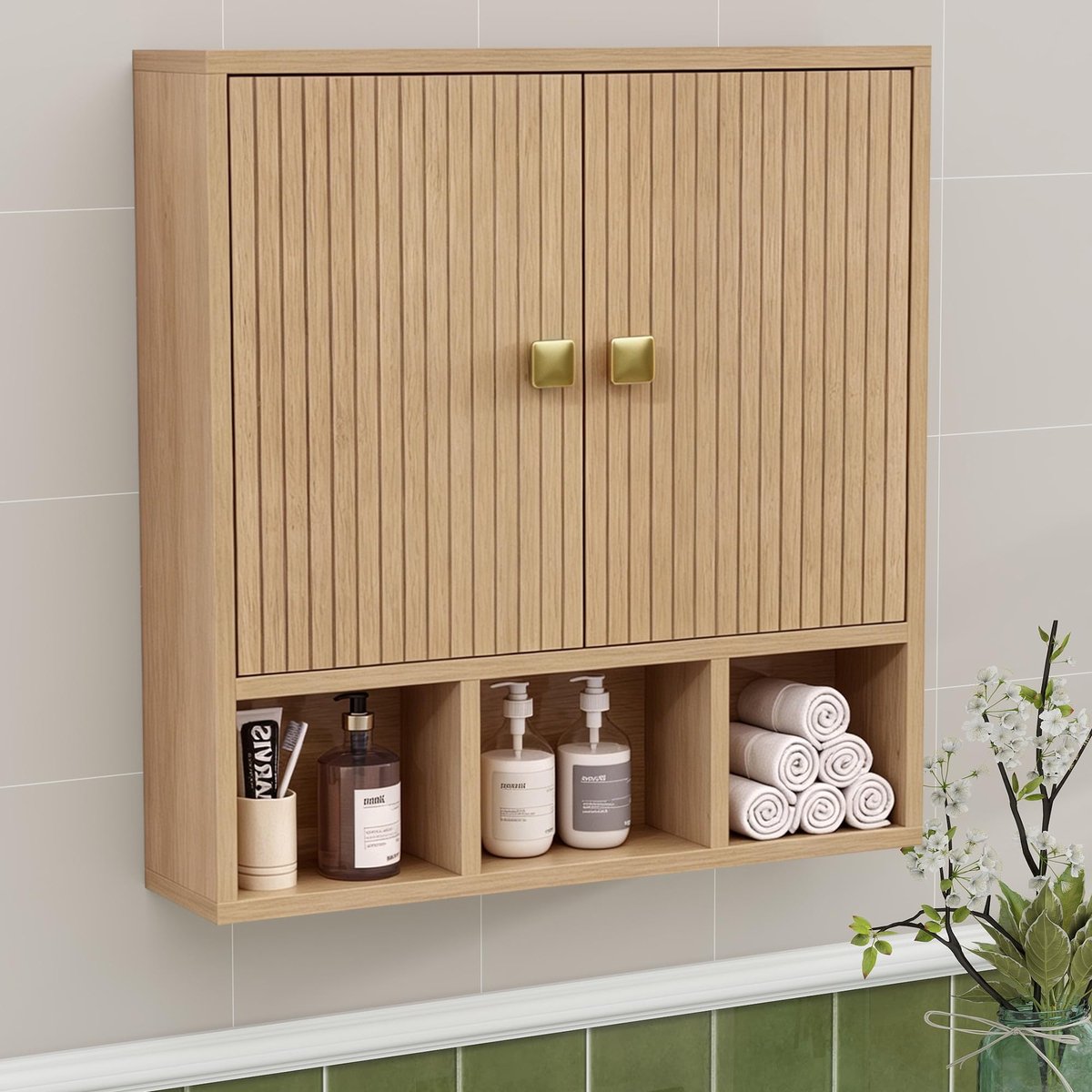SnelShoppen - Hangkast Badkamer, Medicijnkast Houtkleur, Tweedeurs Badkamerkast met Verstelbare Planken en Open Vakken, 13 x 56 x 58 cm