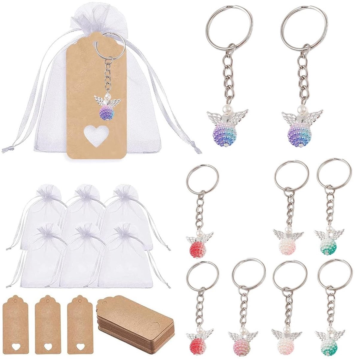 Dailygoods- Sleutelhangers Engel - Set van 30 - Gastgeschenken Bruiloft - Hanger met Etiket - Organza Zakje - Kristallen Afwerking