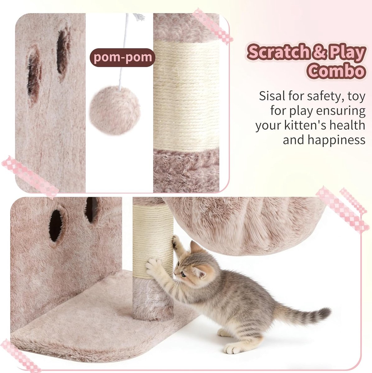 HCT204SMU Krabpaal, 65 cm hoge kattenboom met extra groot platform, gelaagd kattenmeubel met tweepersoonshuis, inclusief sisal-krabzuil, kattenmand en speelgoed voor katten, bruin-beige thumbnail 5