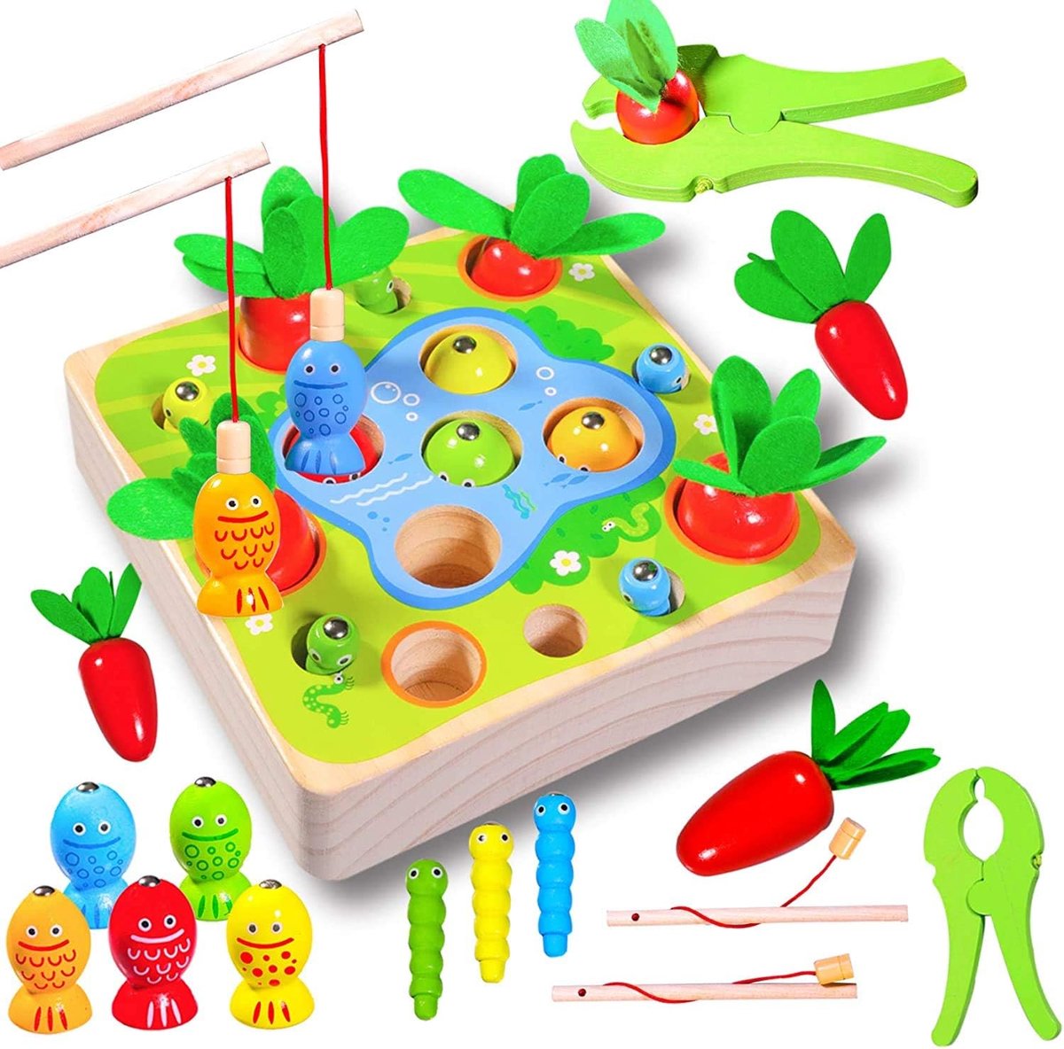 Houten speelgoed voor kinderen van 1 jaar, Montessori-speelgoed voor peuters, vorm en grootte sorteren, houten puzzel, speelset met wortels en vissen, vroeg leren, voorschoolse educatieve cadeaus, speelgoed voor kinderen van 2, 3 en 4 jaar