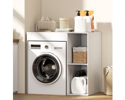 MEUNIQ Wasmachinekast 96 x 60 x 90,5 cm met open vakken en bovenblad, badkamerkast voor boven wasmachine of droger, wit