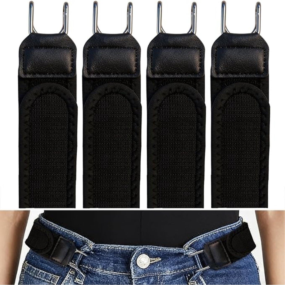 Klittenband (compatible met Velcro) Taillegesp 4-pack — Verstelbare ijzeren haak, slanke elastische tailleband van polyester en zinklegering