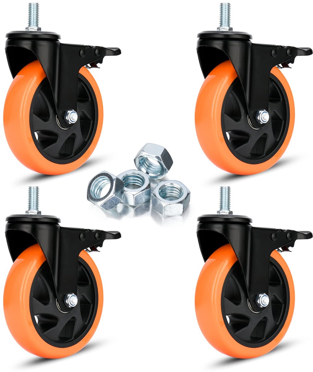 Zwenkwielen van 125 mm - 680 kg - Schroefdraadstangwielen M12 - Dubbele vergrendeling - Veiligheidswielen - Stille wielen - Met remmen voor wagen, meubels