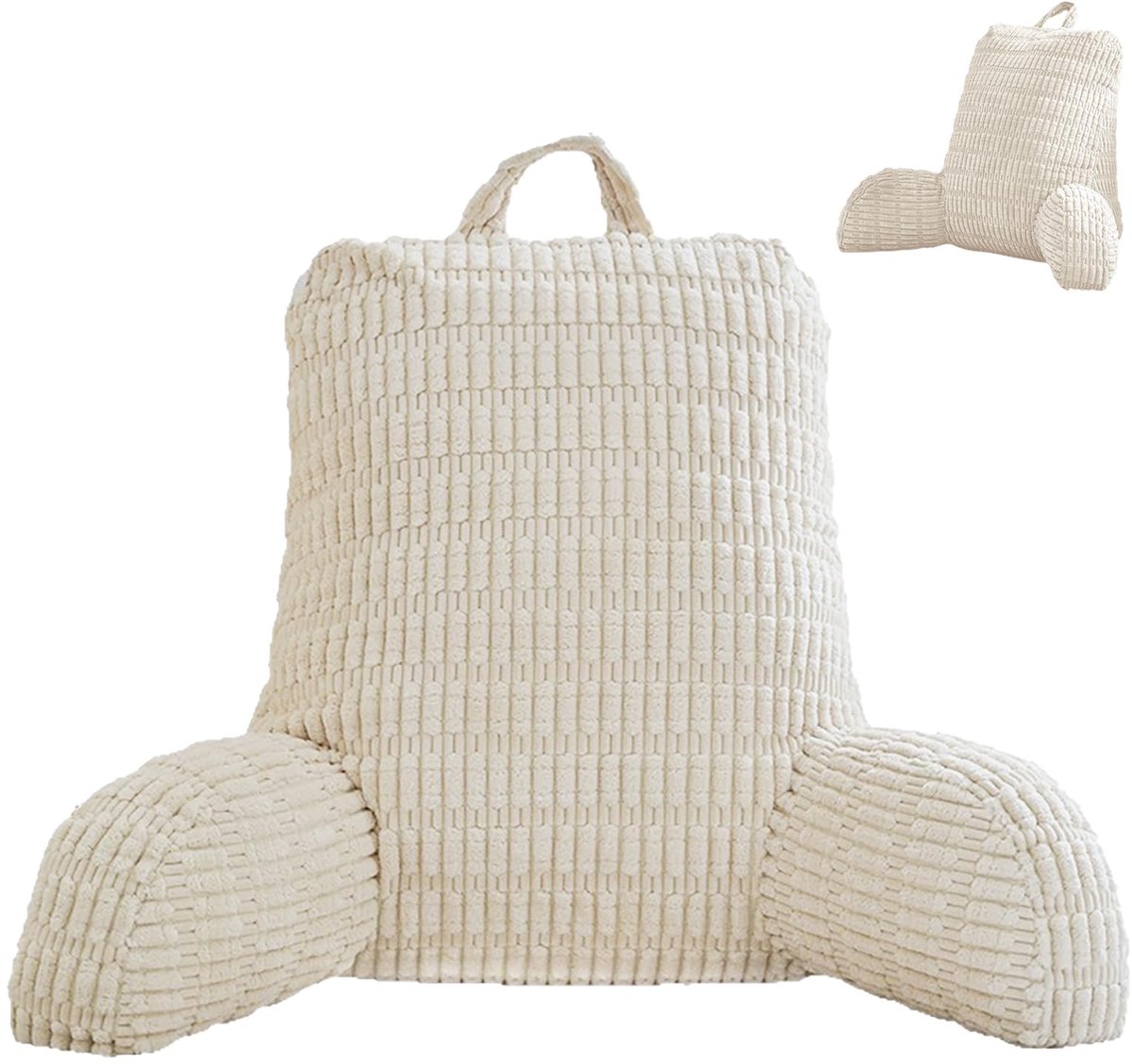 Leeskussen voor bed en bank, zitkussen met steunarm rugleuning voor volwassenen, groot rugkussen om tv te kijken, te lezen en te spelen met mobiele telefoons in bed (beige)