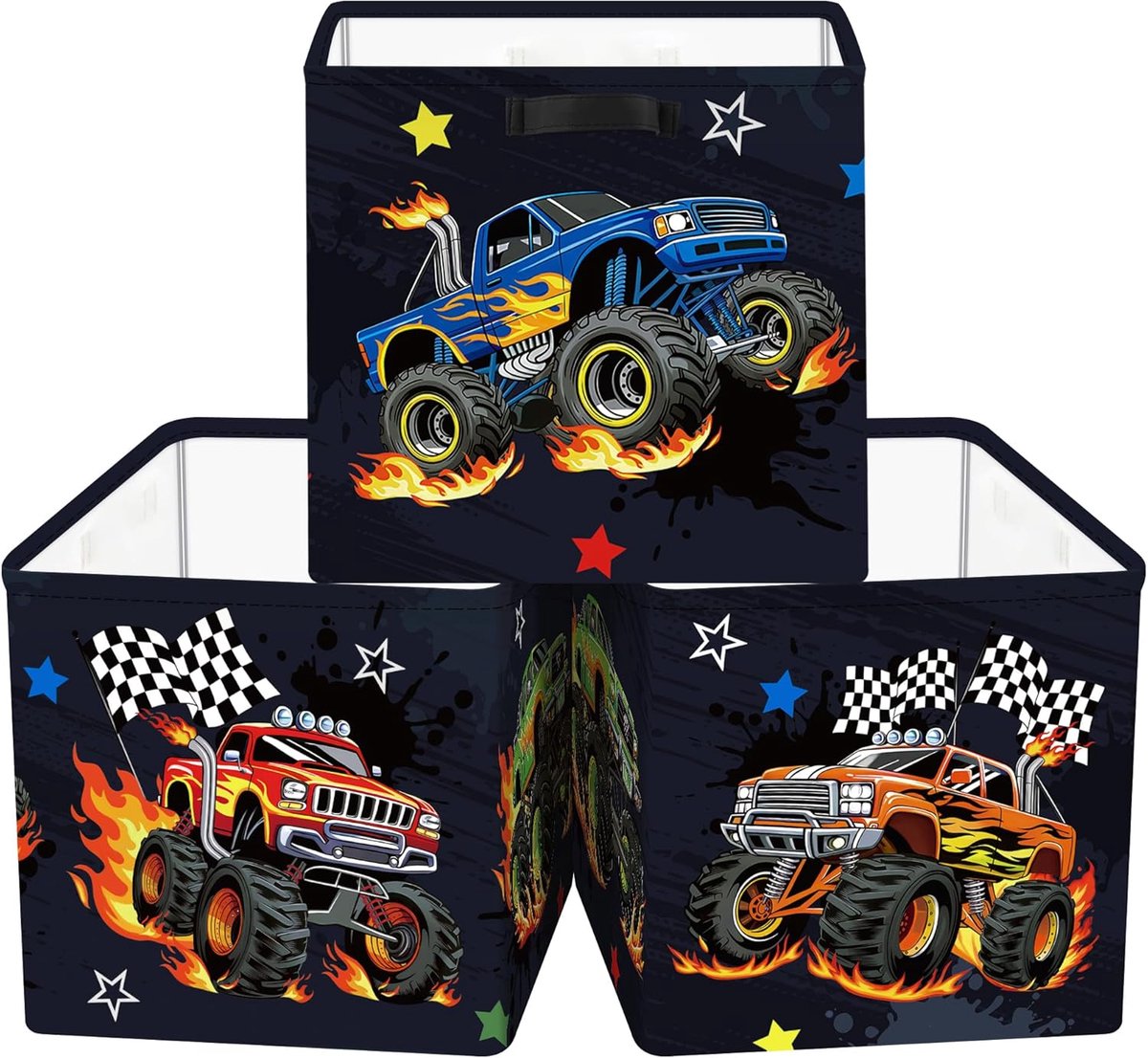 30 cm Opbergdoos 3 Stuks Bouwvoertuigen Opbergmand voor Kinderen Auto Opbergkubus met Handgrepen voor Slaapkamer Organizer voor Speelgoed Boeken Kleding, Monstertruck