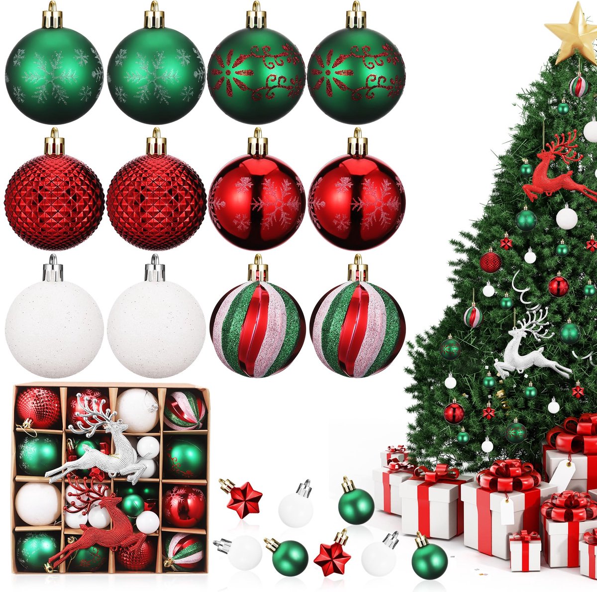 Kerstballen, Onbreekbare en Schattige - Kerstboomversiering Met Hangtouw, Voor Binnen en Buiten, Decoratie in Groen, Rood en Wit