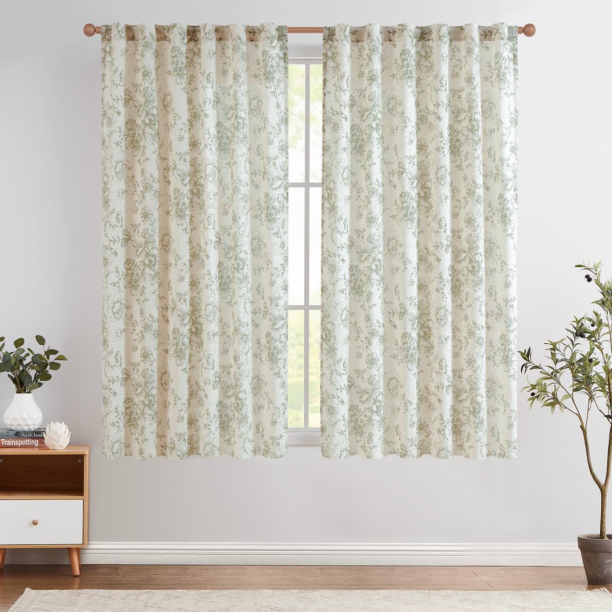 Linnen gordijnen, bloemen gordijnen met verborgen lussen, lichtdoorlatend, boerderij, lange gordijnen, raamsjaal voor woonkamer, slaapkamer, raam, set van 2, 140 B x 145 H (cm), groen op beige