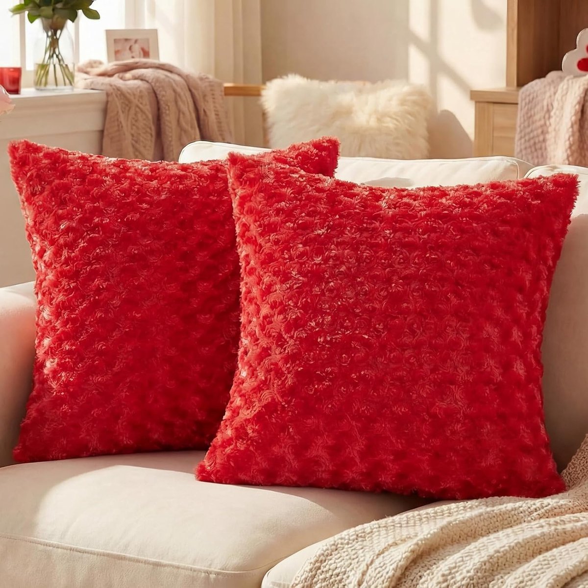 Pluche Kussenhoezen 45x45 cm Set van 2, Decoratieve Vierkante Zacht Kussenslopen, Kussenhoes met Rits Resistent, Hypoallergeen Ademend Kussenomslag voor Woonkamer Slaapkamer, Rood