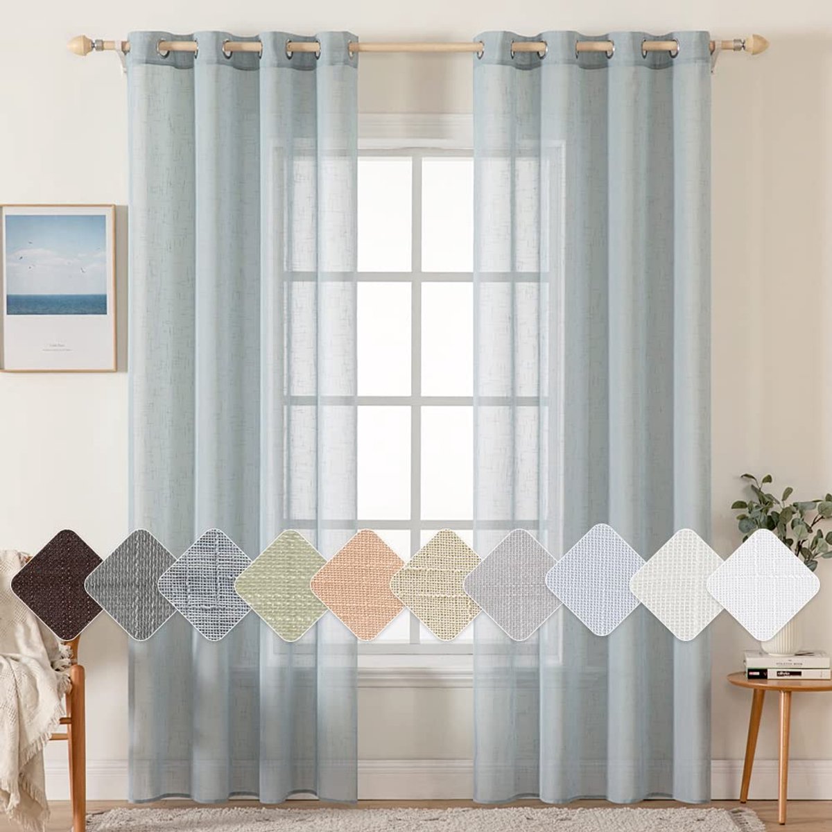 Set van 2 voile-gordijnen, met oogjes, transparant linnenlook, gordijn met ogen, voor woonkamer, luchtig, lichtdoorlatend, decoratief gordijn voor de slaapkamer, 140 x 225 cm (b x h), grijs-bla