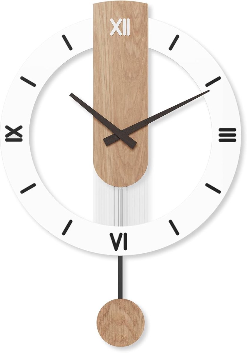 Wandklok van hout met slinger, grote wandklok zonder tikgeluiden 40 * 55 cm met Romeinse cijfers, wandklokken voor de woonkamer, geluidloos, voor wanddecoraties