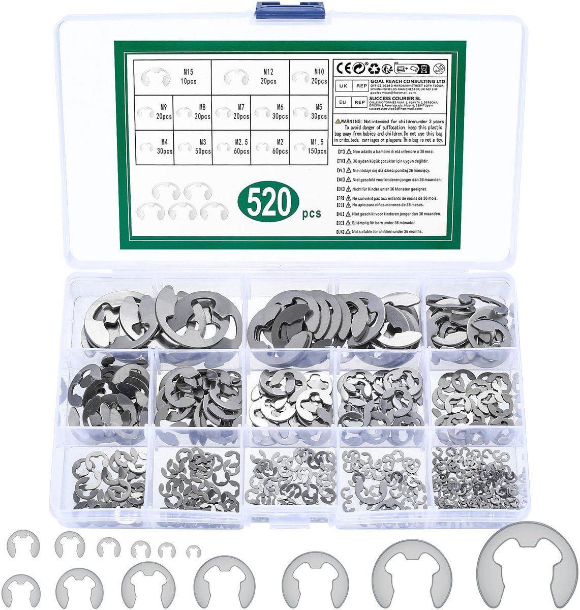 Dailygoods- E-clip Assortiment van 520 Stuks - Roestvrij Stalen Borgringen - Externe Borgringen - 13 Maten - Duurzaam en Krasbestendig - Georganiseerde Opbergdoos - Borgring