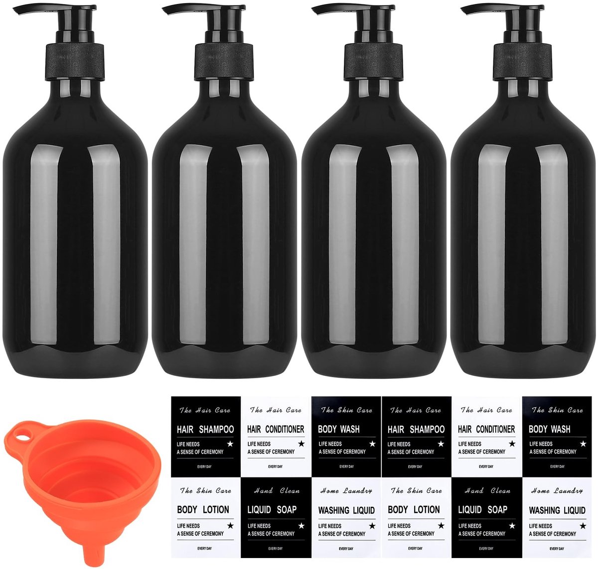 Dailygoods- Shampoo Flessen 500 ml - Hervulbaar - Pompflessen - Set van 4 - Duurzaam PET - Inclusief Trechter/Stickers