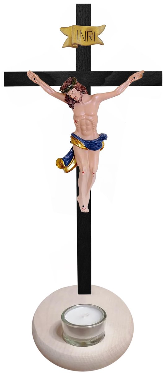 Dailygoods - Houten Kruis Theelichthouder - Staande Kruis met Jezus Christus