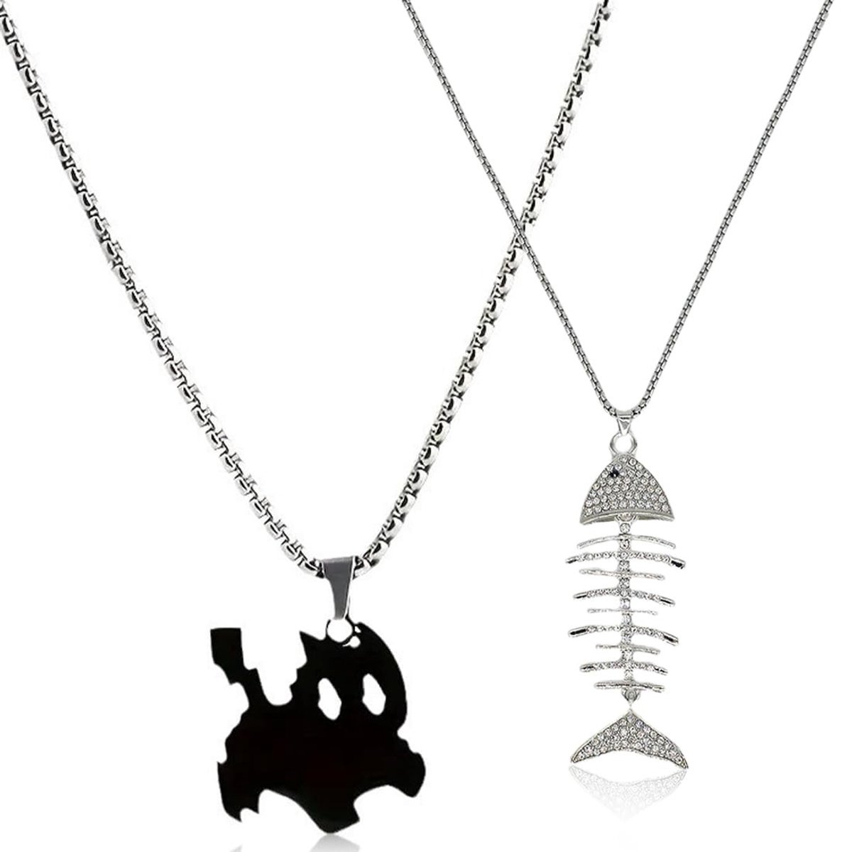 Dailygoods- Halsketting 2 stuks - Roestvrij Stalen Hanger - Zilveren Visgraatketting - Zwarte Kattenketting - Modieuze Eenvoudige Ontwerp - Geschikt voor Koppels/Beste Vrienden - Sieraad