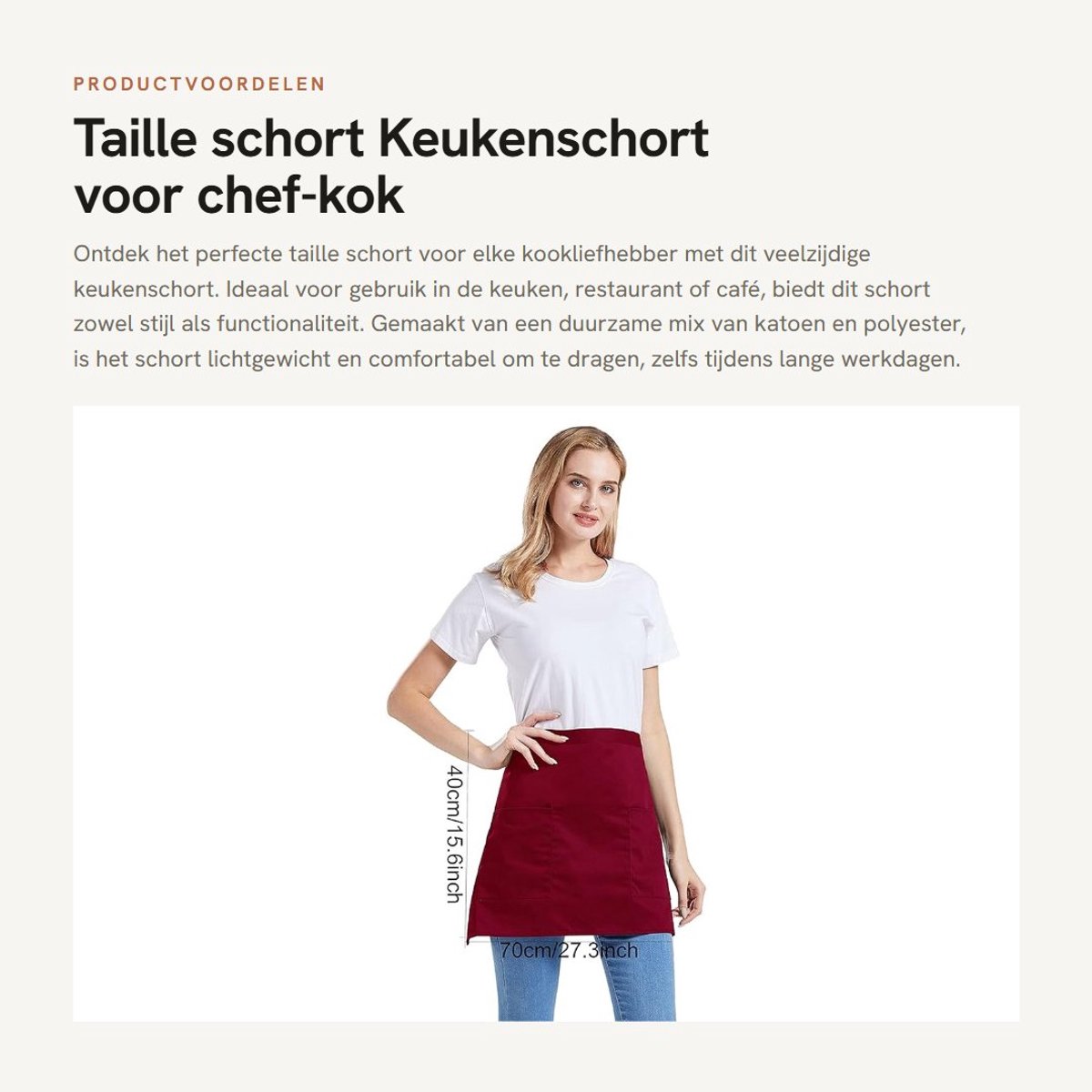 Dailygoods- Keukenschort Chef-kok - Bistro Schort - Werkschort - 2 Zakken - Katoen/Polyester - Afmetingen 70 x 40 cm