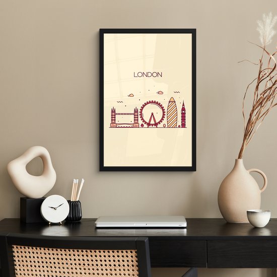 Line art poster van de skyline van Londen in rood en geel op een crème achtergrond.
