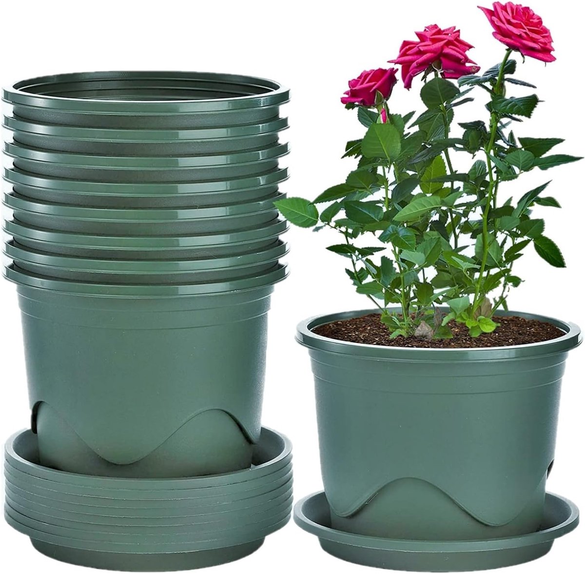 6 stuks plastic plantenpotten, 16 cm dikke bloempot, wortelcontrole, kwekerij, zaailingenplanter, decoratieve tuinplantcontainer met schotel voor binnen, buiten, bonsaiplanten (groen)