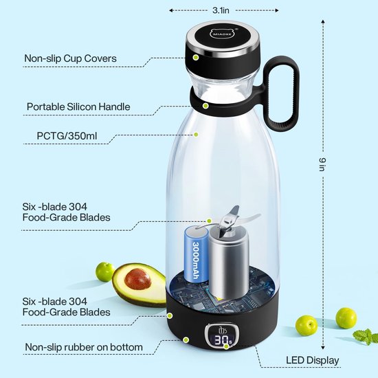 Draagbare mixer - Mini blender - Sap en shakes maken - 6 RVS messen - 350 ml - Zwart — afbeelding 3