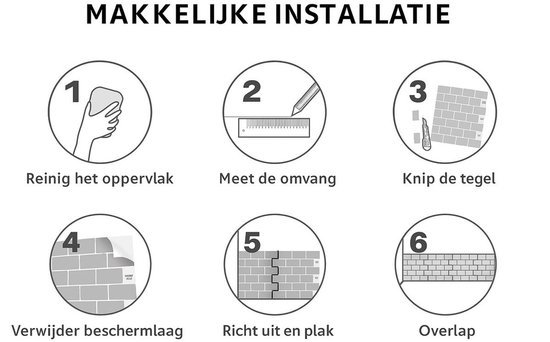 Illustratie van zes stappen voor het aanbrengen van tegels: reinigen, meten, knippen, verwijderen beschermlaag, uitlijnen en overlappen.
