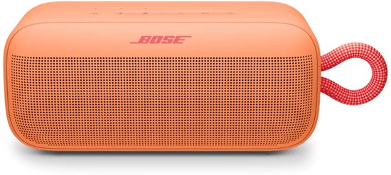 Oranje Bose Soundlink luidspreker met rode lus, met Bose logo en speakers aan de voorkant, onder een hoek.