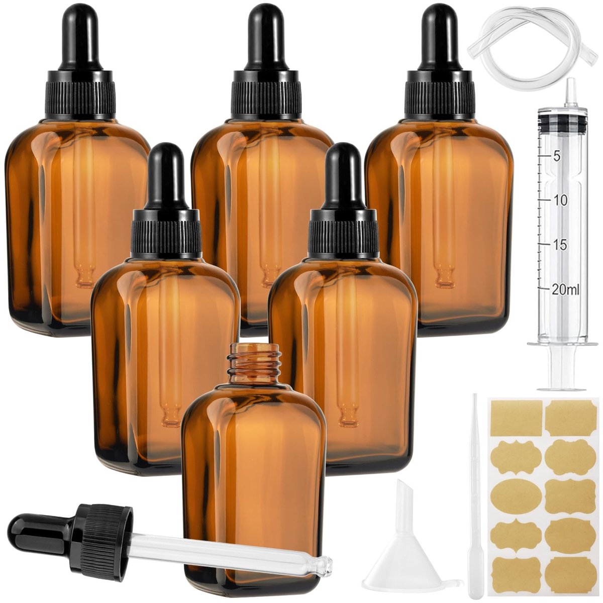 Dailygoods- Pipetflesjes 50 ml - Herbruikbare Glazen Fles - Stabiel Vierkantig Ontwerp - Bruine Glazen Fles - 6 Stuks - Ideaal voor Essentiële Olie - Druppelfles