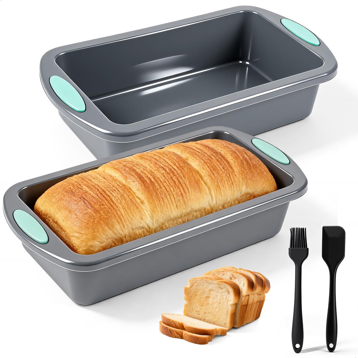 broodbakvorm, 2 stuks, 1 borstel + 1 spatelset, broodvorm, 28 x 15 x 6,5 cm, rechthoekig, donkergrijs, siliconen bakvorm, bakvorm voor cake, brood, brownies