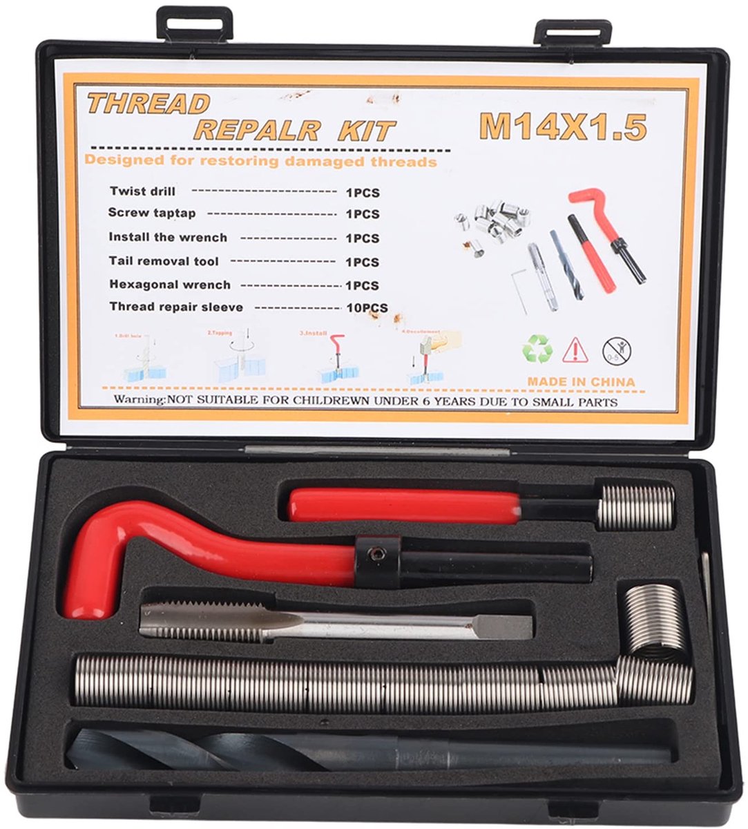 Dailygoods- Schroefdraadinzetstukken 15-delig - Roestvrij Stalen Reparatieset - M14 x 1,5 Helicoilkit - Reparatieaccessoires - Draadschroevenset - Effectieve Binnendraadreparatie - Draadreparatieset