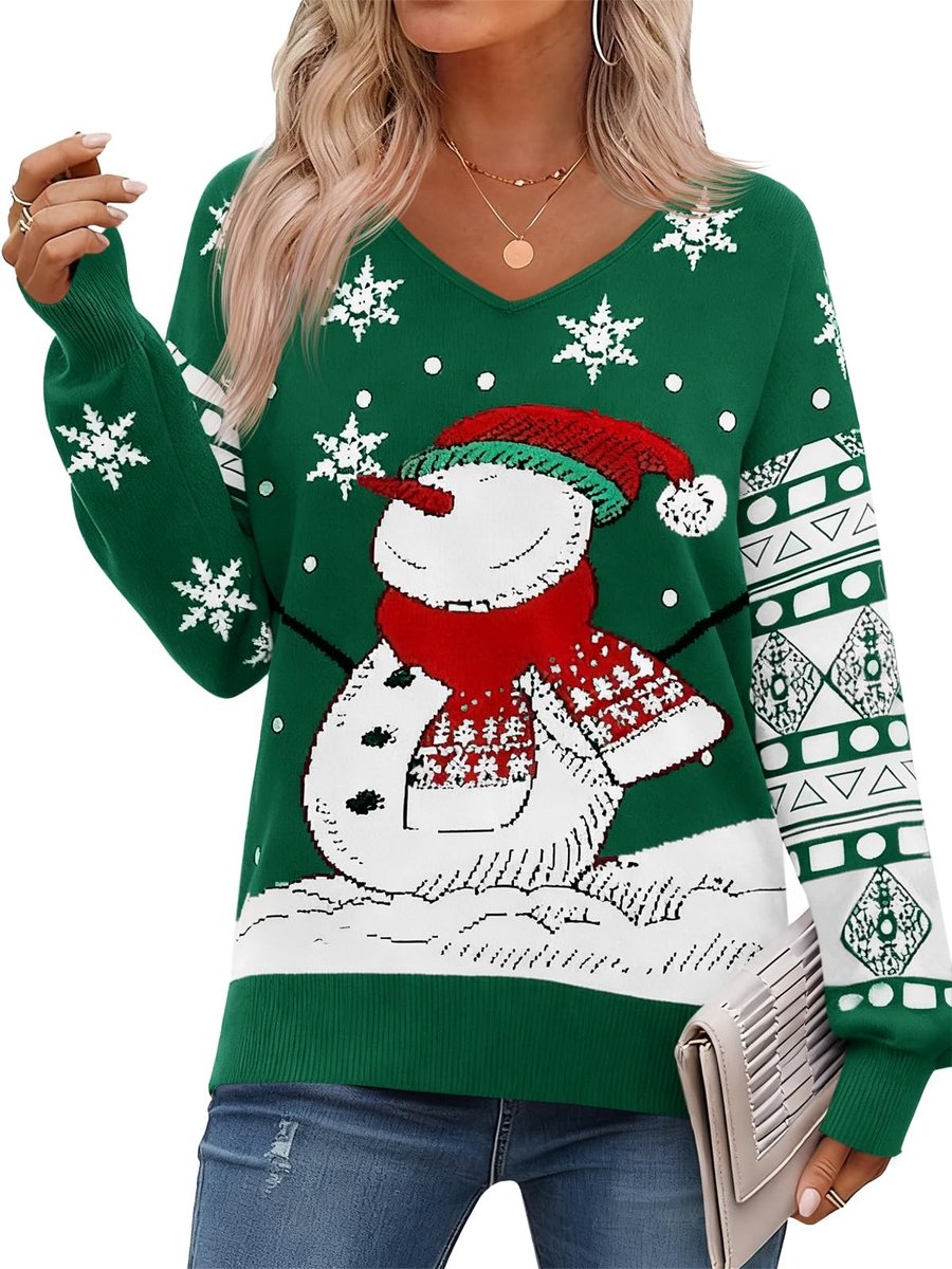 Dailygoods- Kersttrui dames V-hals - gebreide trui - sneeuwpop/sneeuwvlokkenprint - lange mouwen - warm - comfortabel en modieus - Kerstsweater