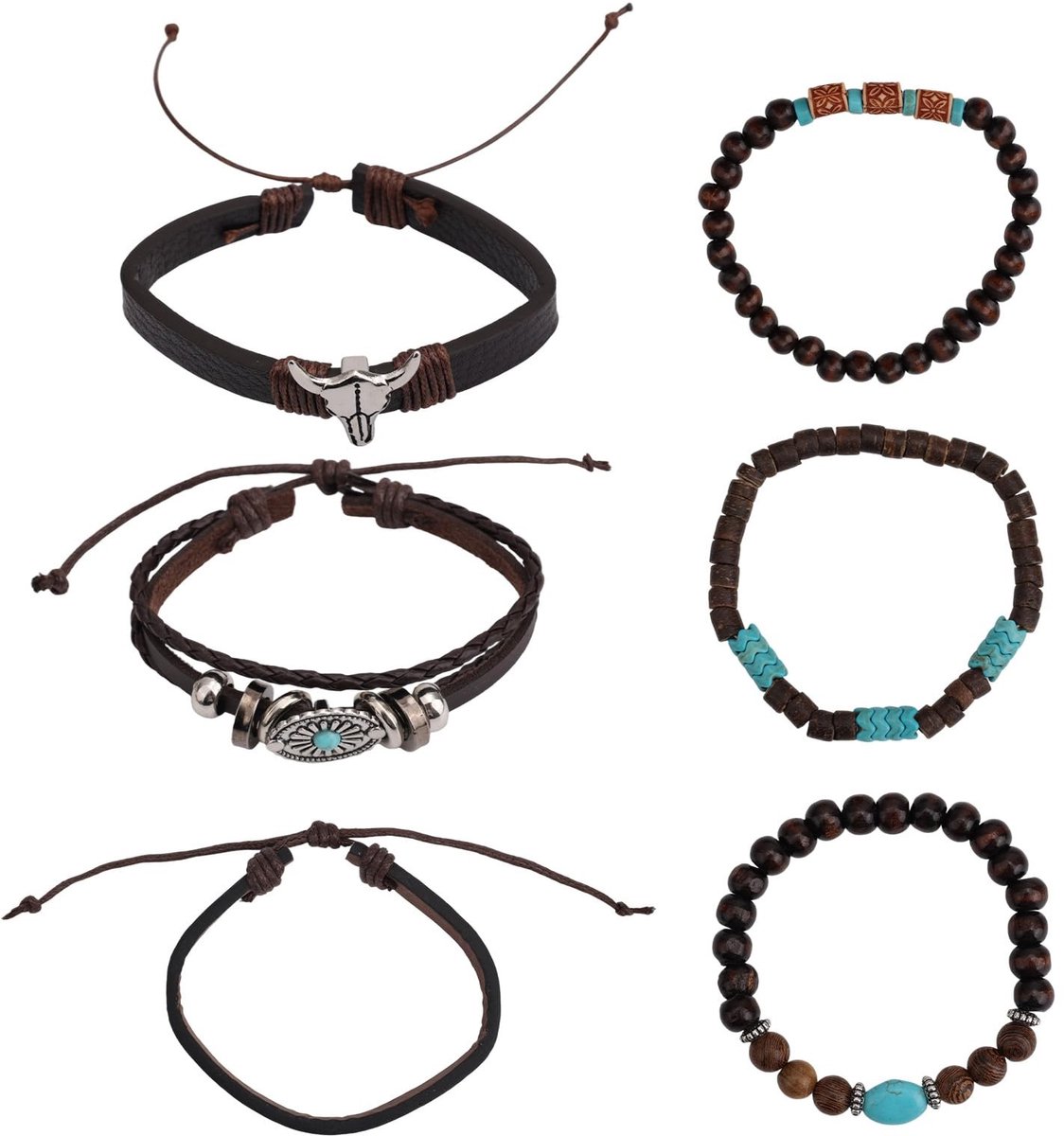 Dailygoods- Kralenarmbanden 6 Stuks - Boheemse Vintage - Turquoise Imitatie - Stapelbare Armbanden - Veelkleurig - PU en Houten Kralen - Sieraden