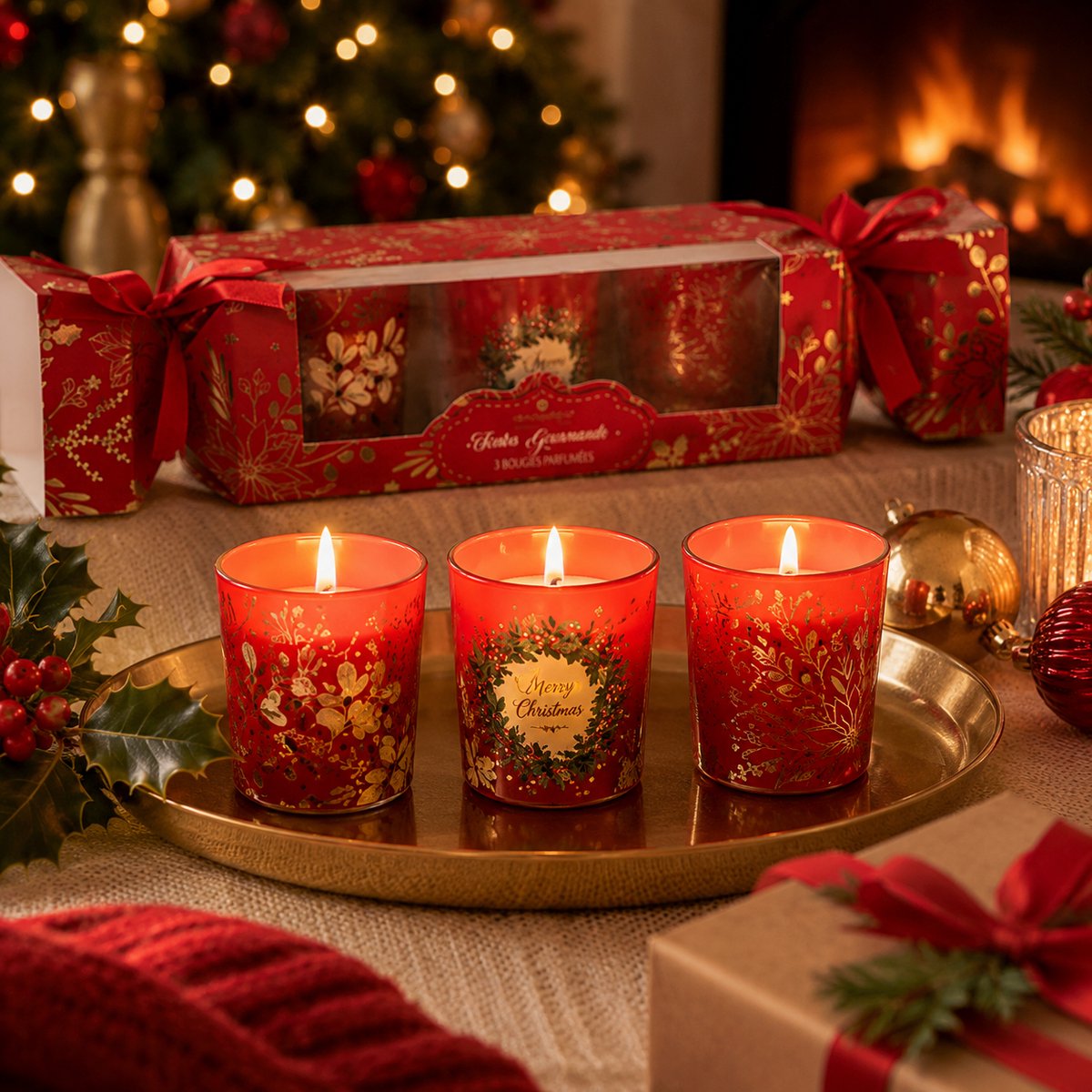 Set van 3 Kerst Geurkaarsen – Geurkaarsen in Rood Bedrukt Glas – Luxe Kerstcadeau – Kerstdecoratie – Sfeervolle Geurkaarsen voor Woonkamer – Cadeauset – Rood — cadeau in Wonen & Interieur - foto 5