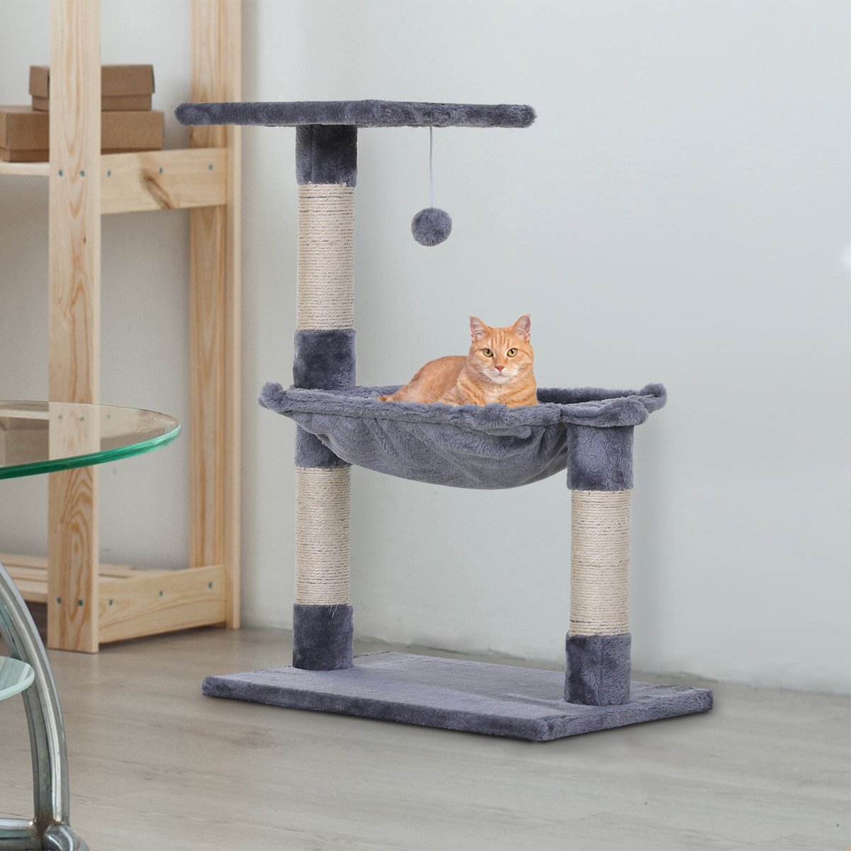 Kattenboom 70 cm Kleine kattenboom met pluche bal, sisalpaal, groot platform, hangmat, krabpaal, klimboom, voor kleine katten, grijs – foto 2