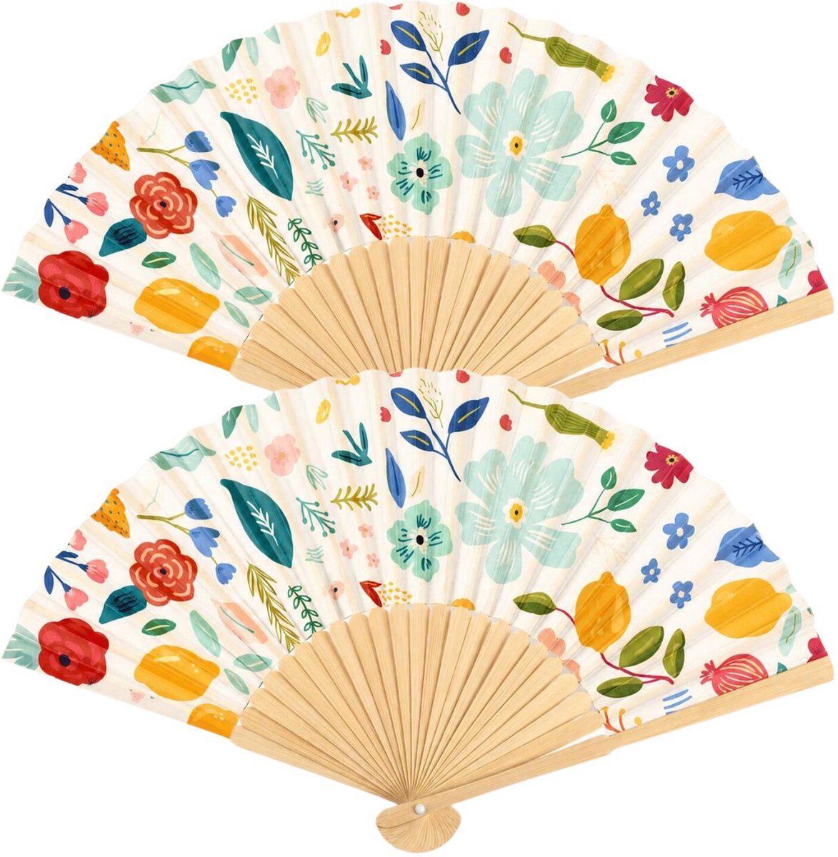 Spaanse hand waaier - 2x - bloemen - wit - 21 cm - bamboe/papier