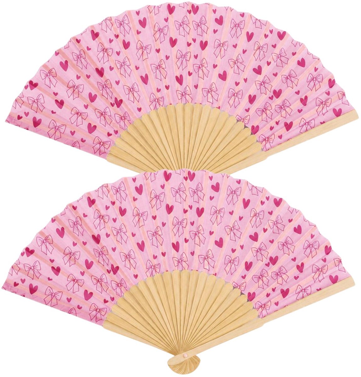 Spaanse hand waaier - 2x - Strik/hart - licht roze - 21 cm - bamboe/papier