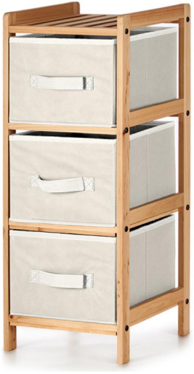 Kipit Opbergkast Bamboe - 3 mandjes - wit - 29 x 26 x 70 cm - hout/stof - opbergen