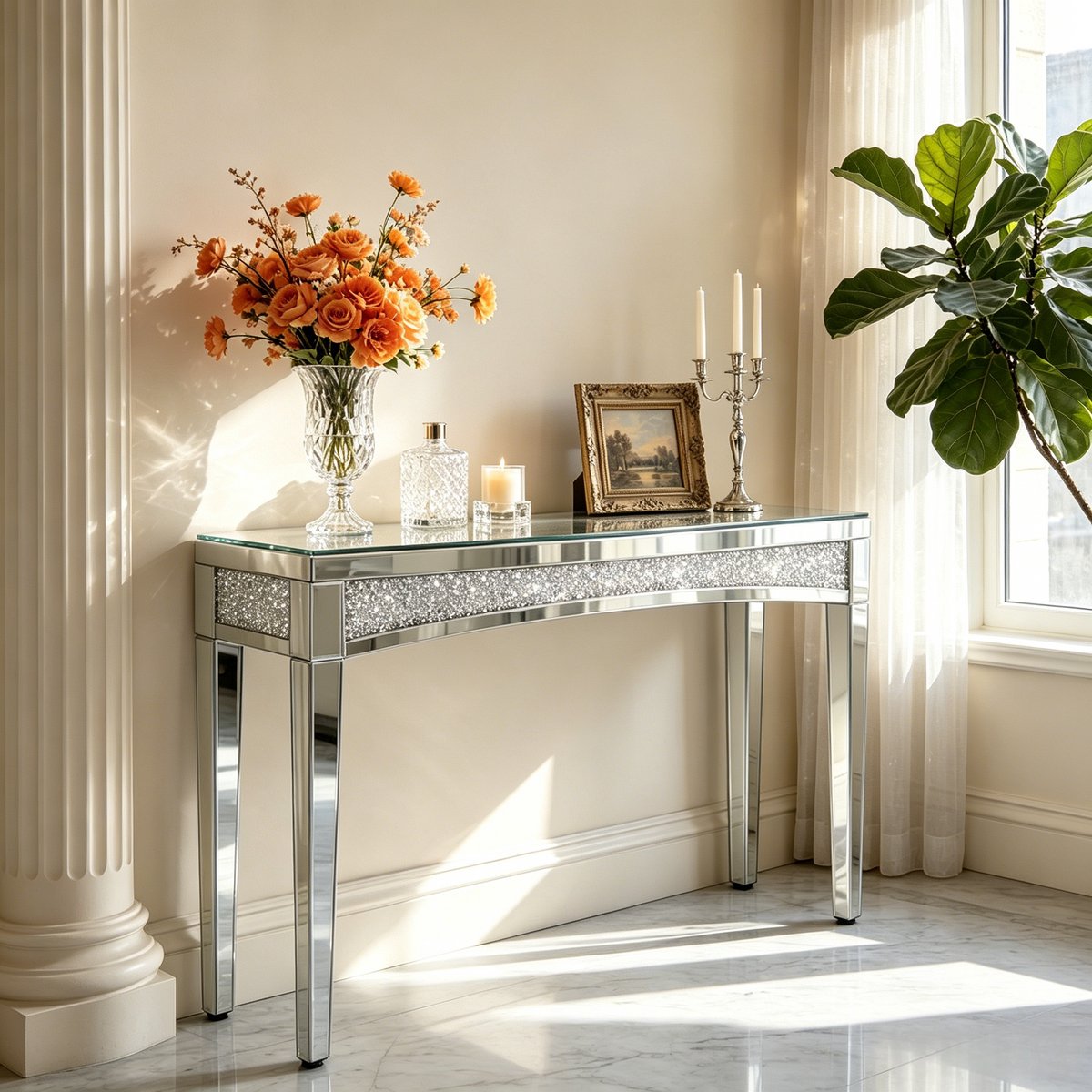 Artloge Consoletafel - Sidetable - Spiegel Wandtafel met Diamant - Zilver - 120 x 35 x 80 cm - Console Tafel voor Hal, Woonkamer, Entree