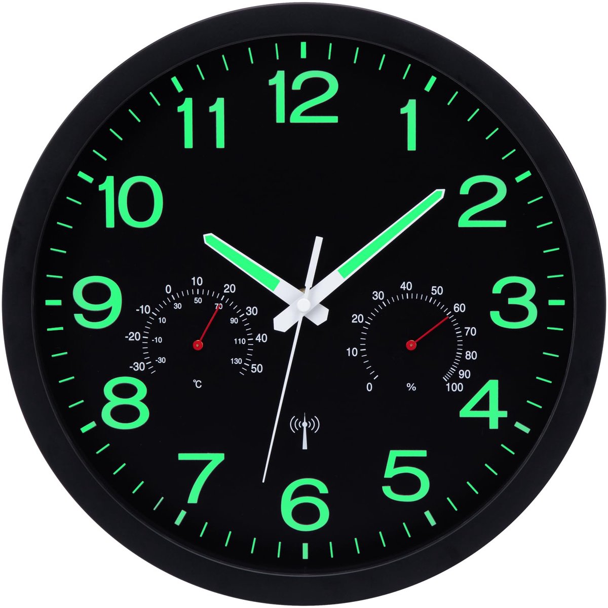 Wandklok, oplichtend met temperatuur- en vochtigheidsweergave, radioklok, wandklok, geruisloze wandklok, modern, voor woonkamer, keuken, slaapkamer, kantoor