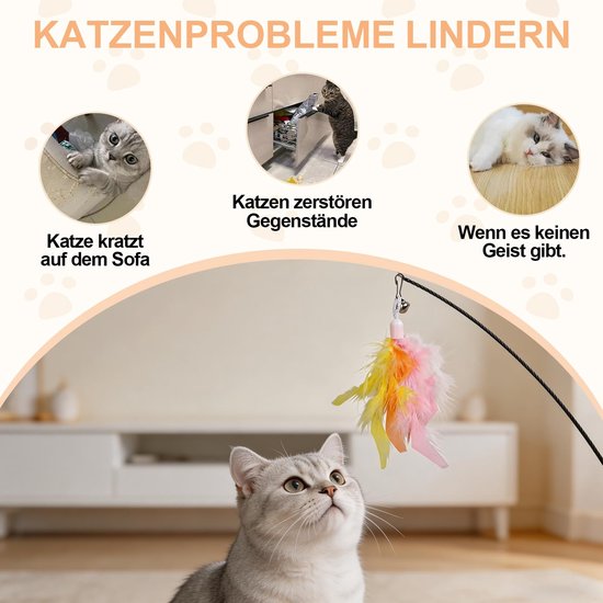 10 stuks kattenspeelgoed, reservekoppen voor katten, interactief kattenspeelgoed met klokken en natuurlijke veren, veerspeelgoed, intelligentiespeelgoed voor katten, perfect voor kitten (10 — afbeelding 3