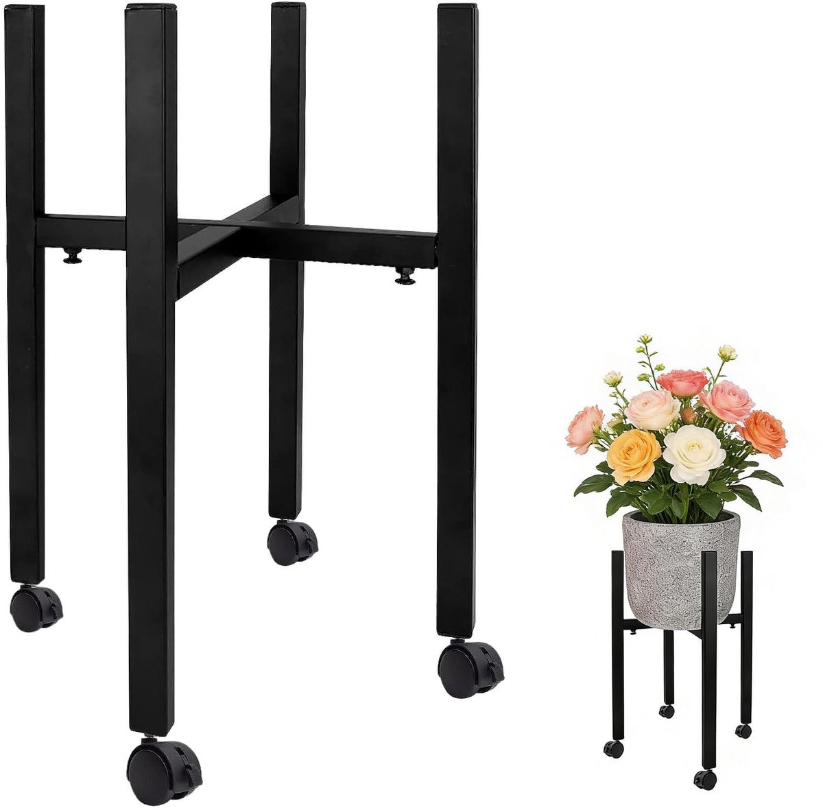 Plantenrek - Bloemenkruk standaard - Planten verplaatsen - Verstelbaar met wielen - 38 x 34 cm - Zwart
