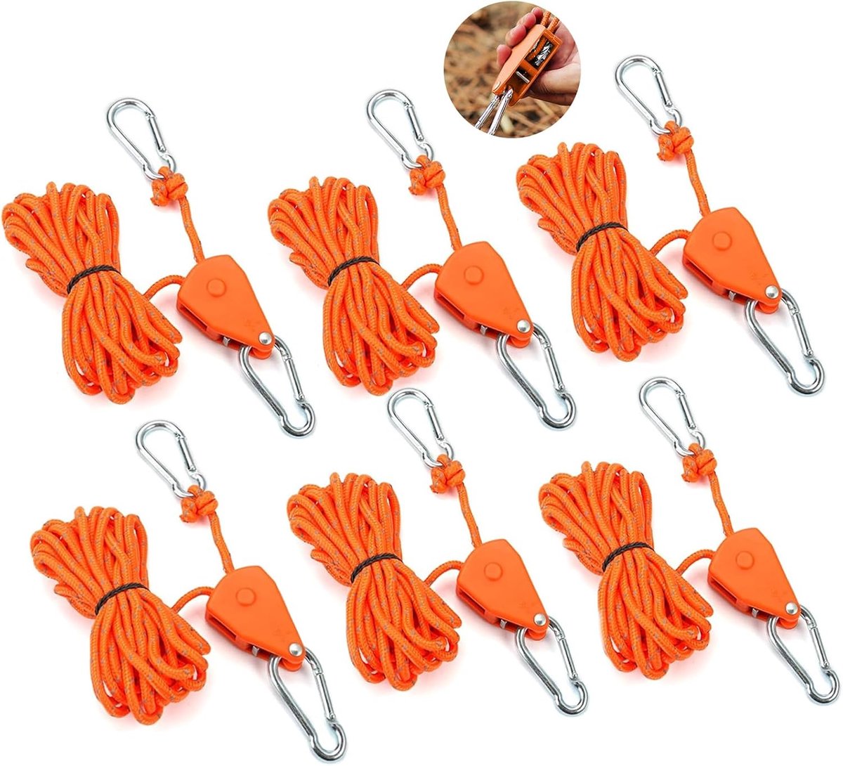 6 stuks katrol met kabelrem, verstelbare kabelratel, spankabel met haken, 4 m, winddicht outdoor touw met ratel, reflecterend, scheerlijnen met kabelspanner 4 mm, voor camping en tenten