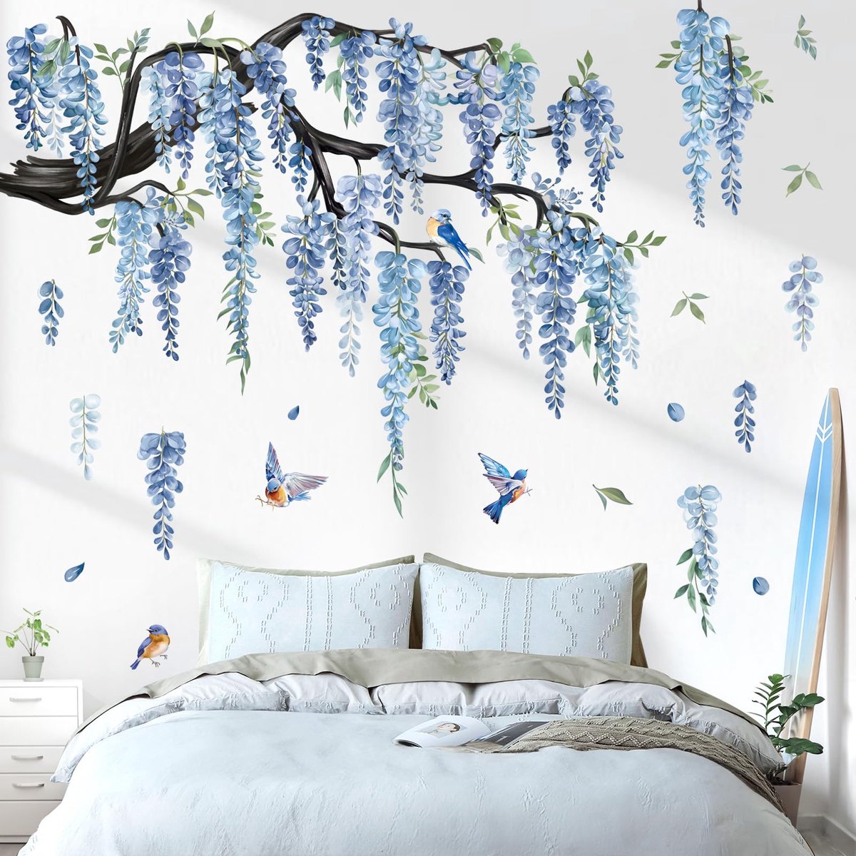 decalmile Muurtattoo, blauwe wandsticker met grote bloemen, vogels, hangende bloemen, wanddecoratie voor woonkamer, slaapkamer, sofa, achtergrond