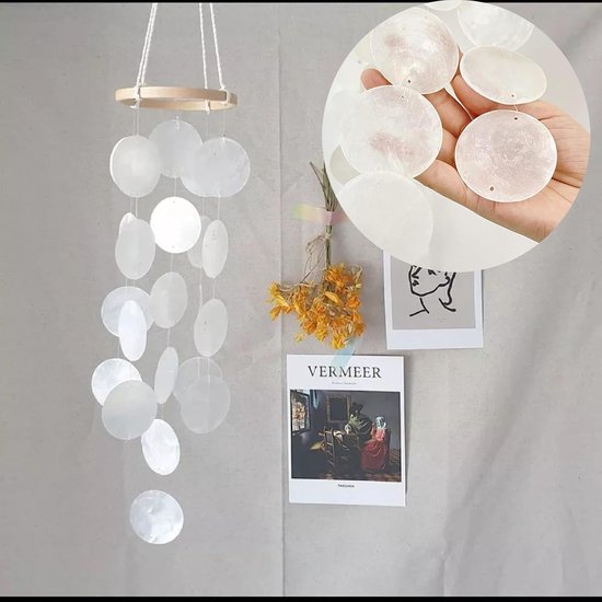 Windspel, vlinder-schelp, windgong, boho-decoratie, dromenvanger, parelmoer, windgong, tuindecoratie, schelp, ketting, slinger, decoratie voor raam, woonkamer, tuin, kamer, terras en balkon, wit — afbeelding 3